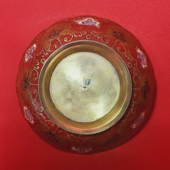 Vintage Indian Etched Brass Metal Peacock Pedestal Red Bowl Trinket Dish - Picture 5 of 11